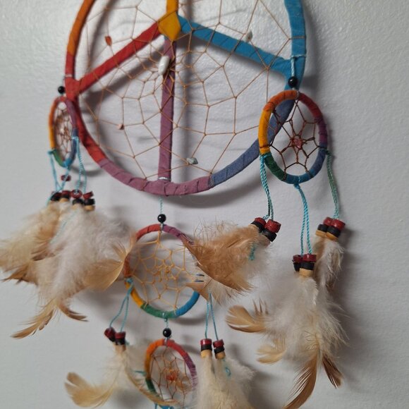 Peace Sign Rainbow Dreamcatcher‎ Feathers Beads Handmade Boho Native Traditions - Picture 2 of 10